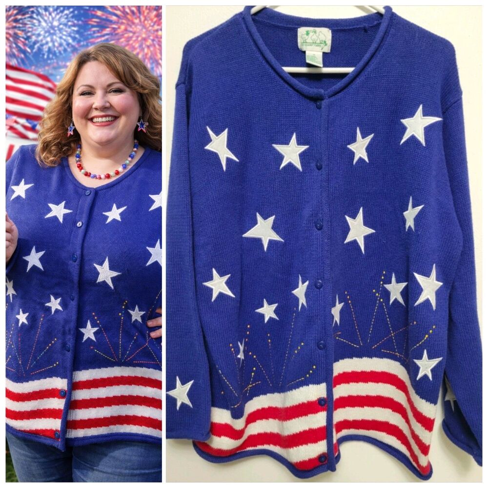 Vintage Quacker Factory 1X Patriotic Cardigan Fireworks Festival Oversized Soft